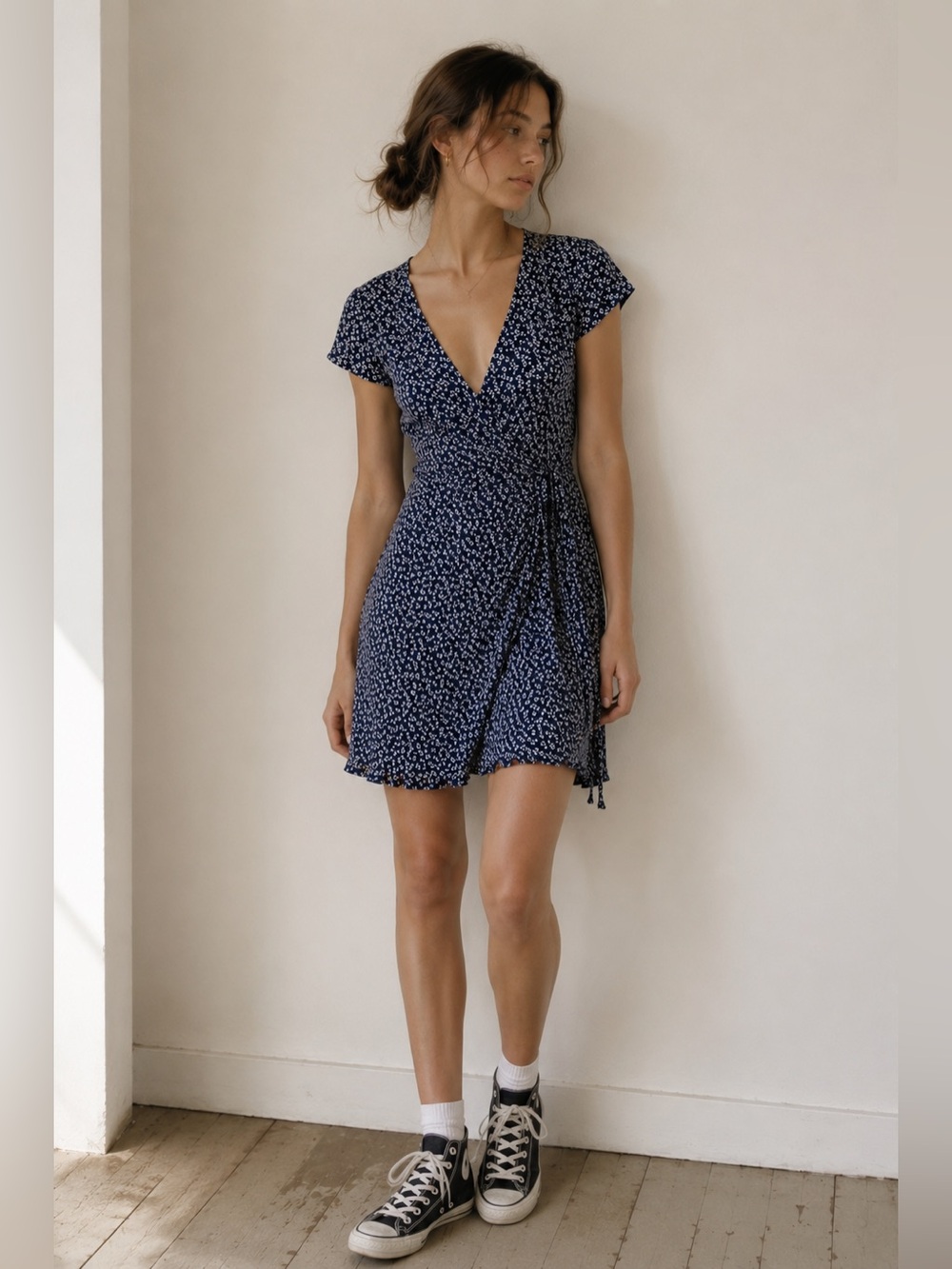 Brandy Melville Navy Blue Floral Wrap Mini Dress
